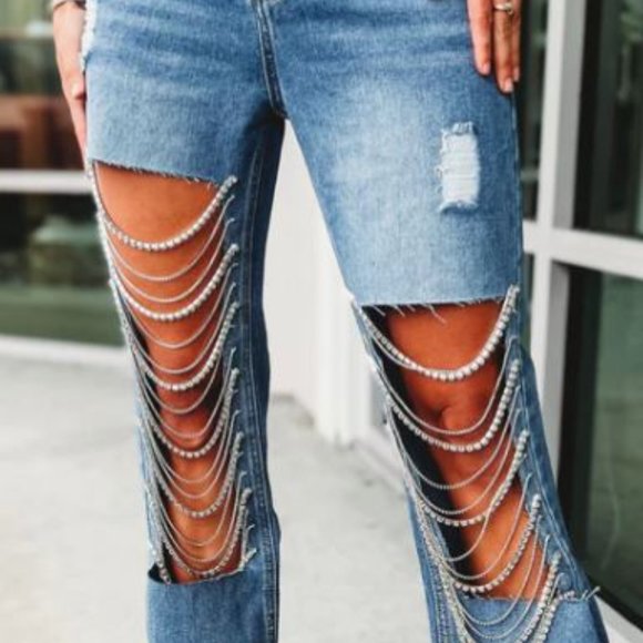 Open Panel High Rise Distressed Rhinestone Jeans - Picture 4 of 5
